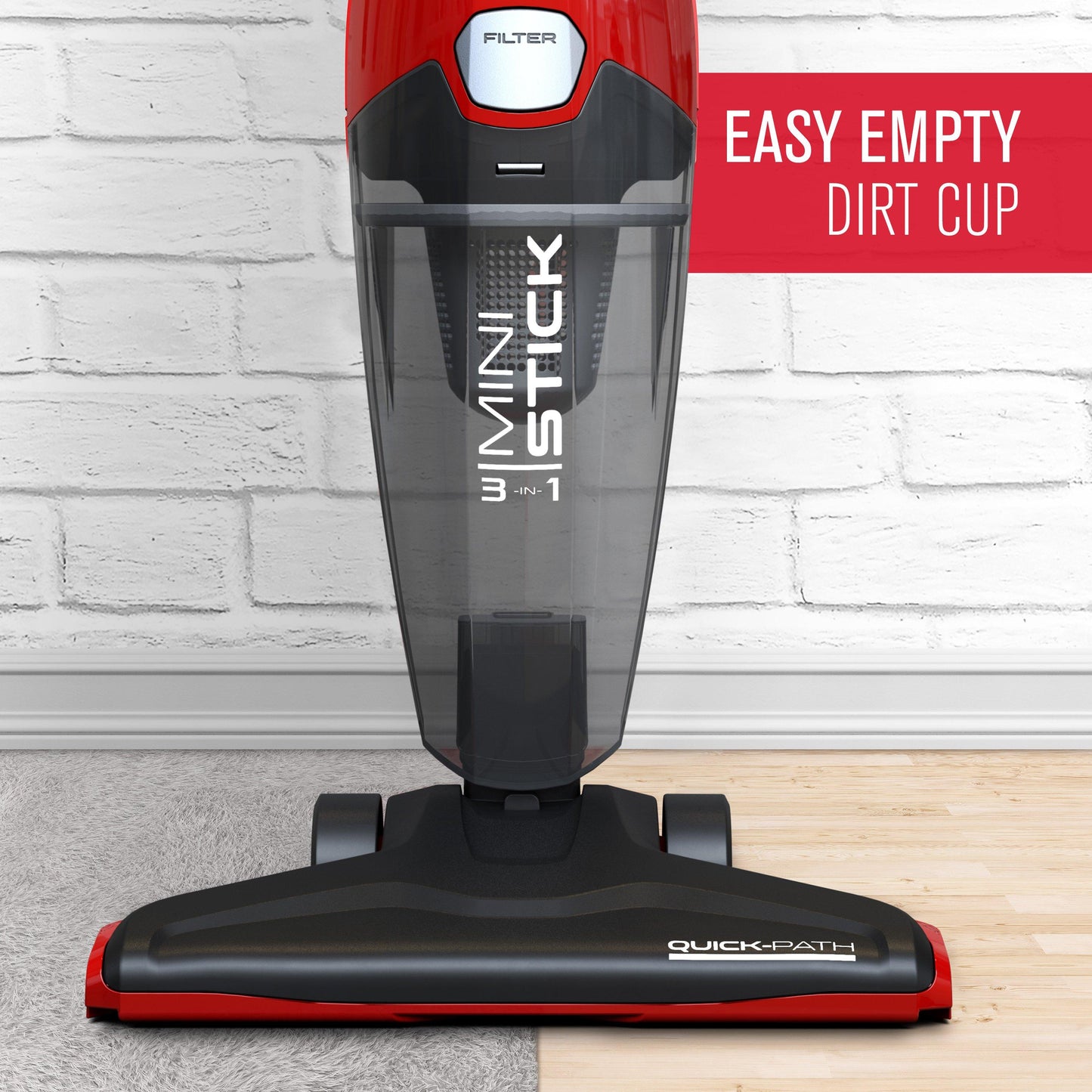 A close-up of the easy to empty dirt cup